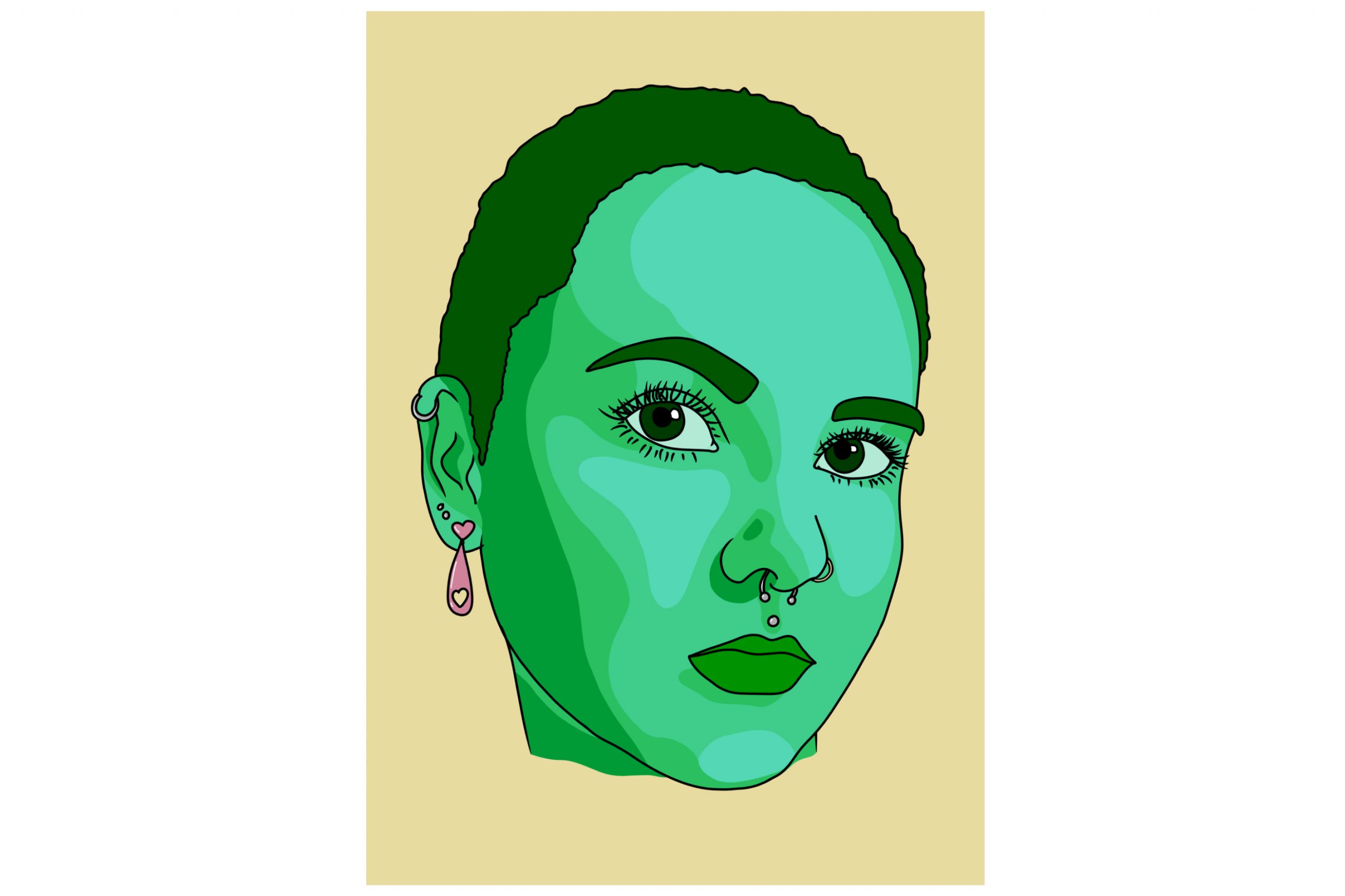 A self portrait of the artist using mostly green hues, placed upon a light yellow background.