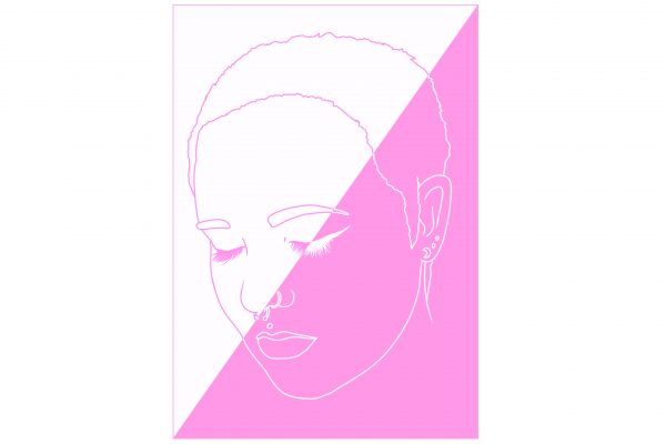 A self portrait of the artist in linework, with half of the background being white and the other pink.