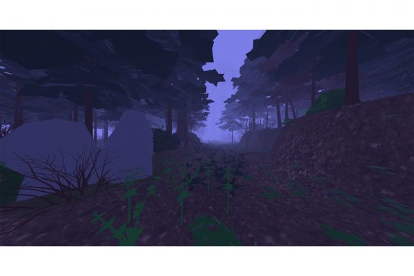 A screenshot from the game Into the Perish by Virtual Monke Studios. The image shows a dark forested area with a sinister mist in the distance.