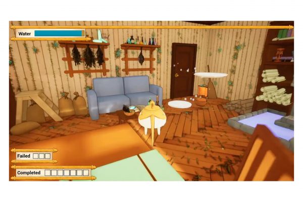 A screenshot from the game "Dragons Communi-Tea Service" by TTT. The screenshot shows the player character, a dragon in the form of a teapot, running through a colourful cabin of some kind. Ingredients hang up on the wall and a large bookshelf is prominent on the right hand side of the image.