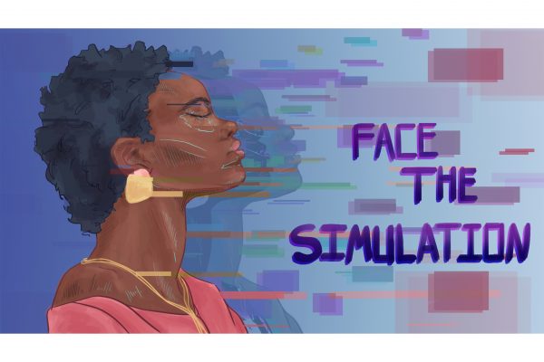 A promotional image from "The Trial" by Liquid Cow Studios. It features a black character on the left with their eyes closed on a background with a digital motif. The words "Face the simulation" are written to their side.