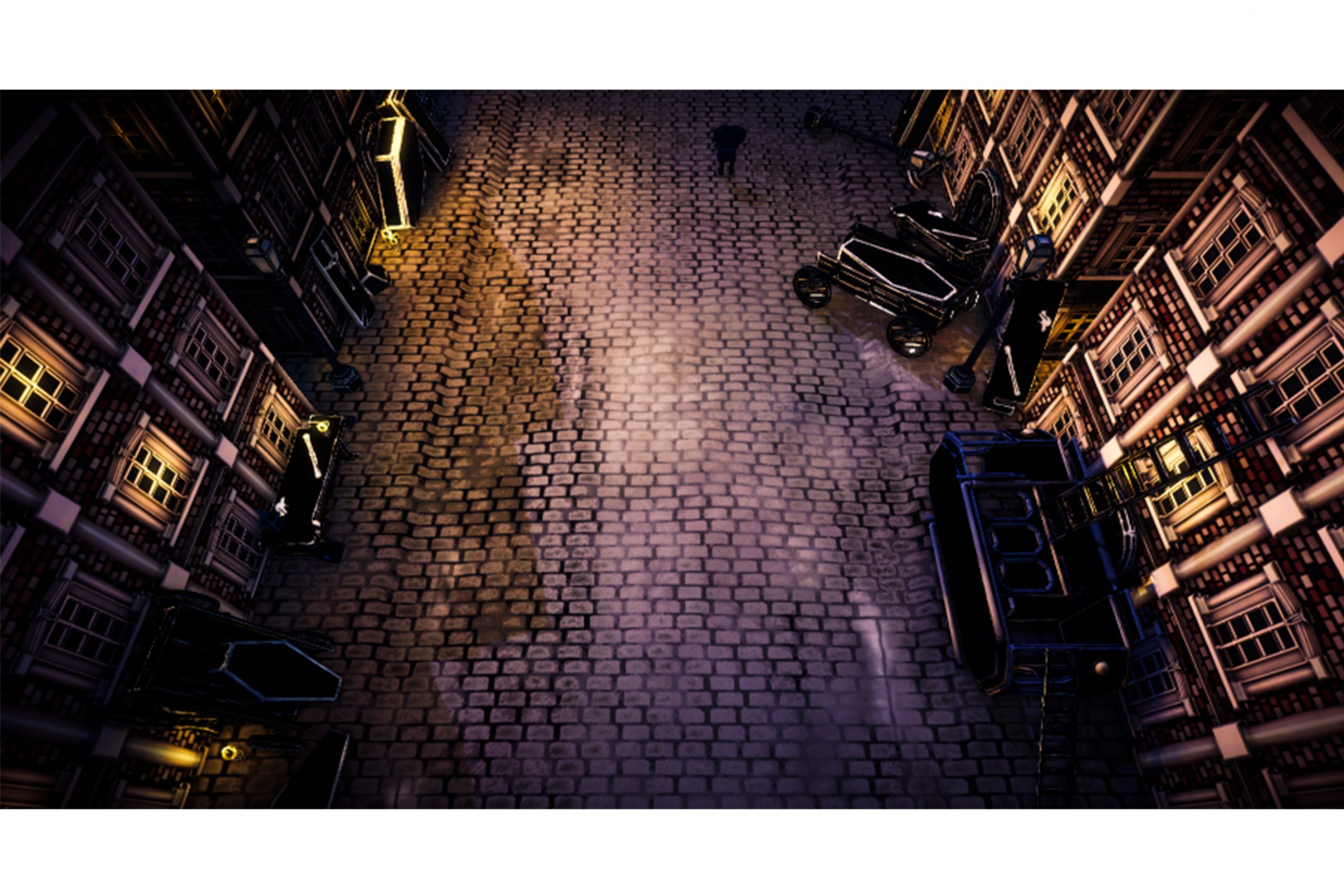 A screenshot from the game "Off with your head!" by Clown Town. The image shows a top down view of a dark and sinister looking street at night time.