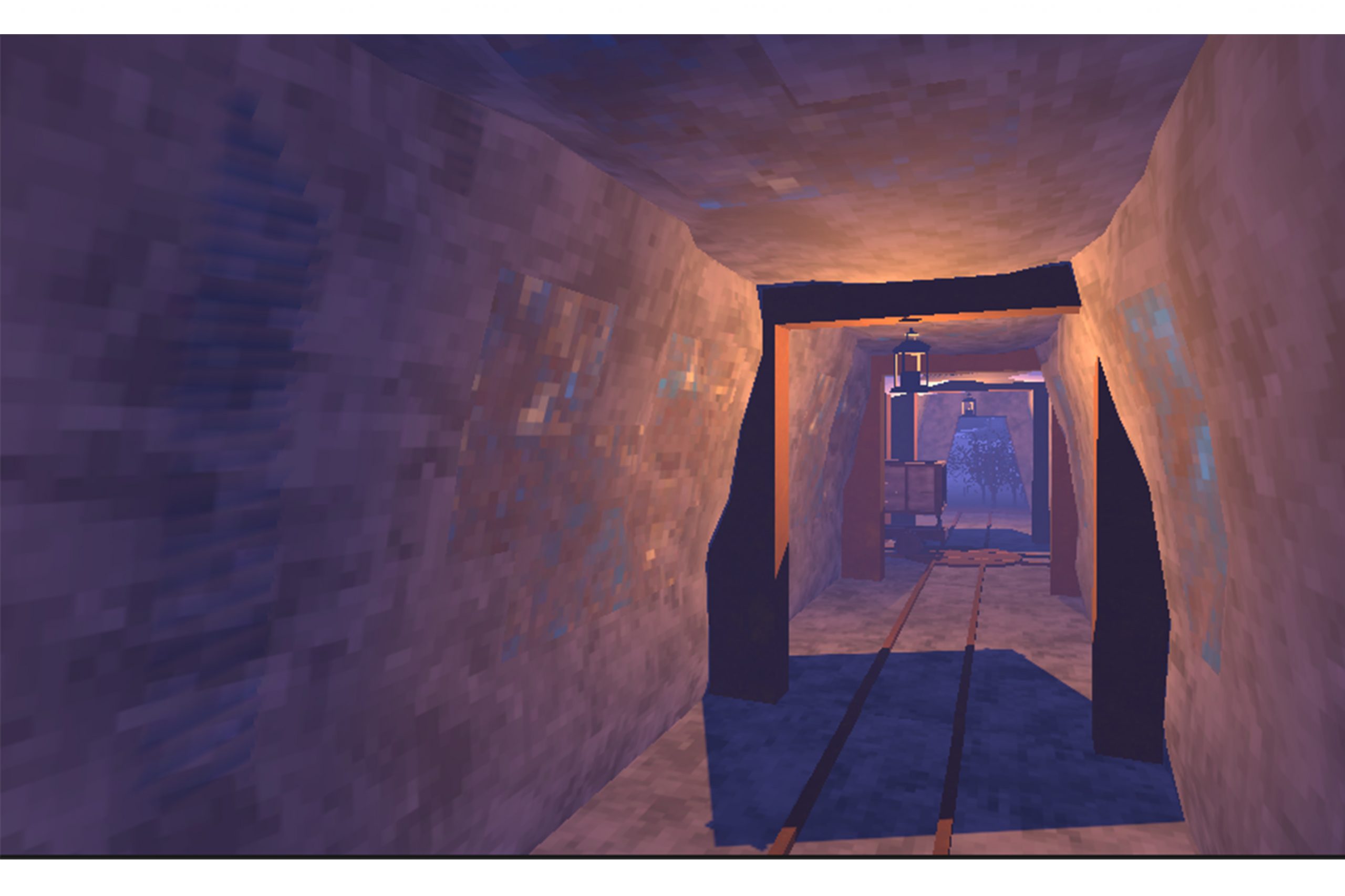 A screenshot from the game Into the Perish by Virtual Monke Studios. The image shows what appears to be a mineshaft, the outside can be seen at the end of the slightly lit tunnel.