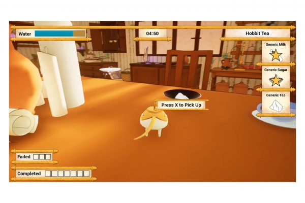 A screenshot from the game "Dragons Communi-Tea Service" by TTT. The dragon player character is stood on a table in front of what appears to be a bowl of sugar, the prompt to pick it up is clearly visible overlaying the character.