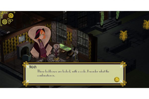 A screenshot from the game "Red Chandelier" by 13 Pixels. The image shows a character on the left hand side looking perplexed. The text box reads: "Helen - The Lockboxes are Locked, with a code. I wonder what the combination is."