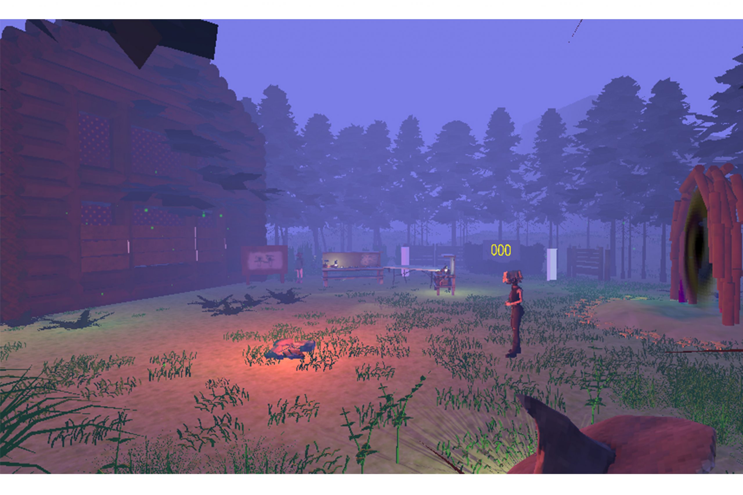A screenshot from the game Into the Perish by Virtual Monke Studios. The image shows an outside area that looks like a campsite of some kind, with a figure stood near a lit area and mist covered trees in the background.
