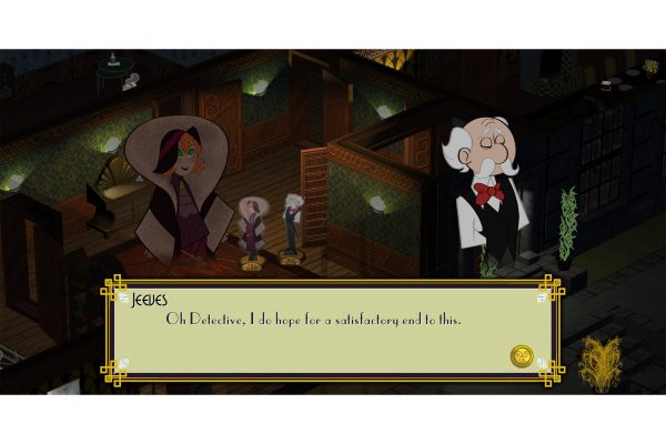 A screenshot from the game "Red Chandelier" by 13 Pixels. There is a character named Helen on the left who is greyed out and looks shocked. A character on the left, named Jeeves, is speaking. The text reads: "Oh detective, I do hope for a satisfactory end to this."
