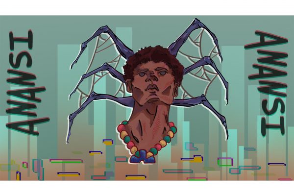 A promotional image for "The Trial" by Liquid Cow Studios. The art shows a character in the centre with 6 spider legs emerging from behind their head on a backdrop of a futuristic city. On the left and right is the word "Anansi."