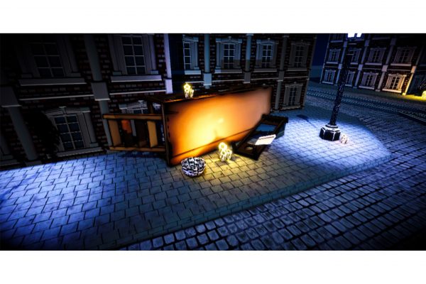 A screenshot from the game "Off With Your Head!" by Clown Town. This image showcases a dark street. Something has collapsed on the edge of the street and is lit in an orange light.