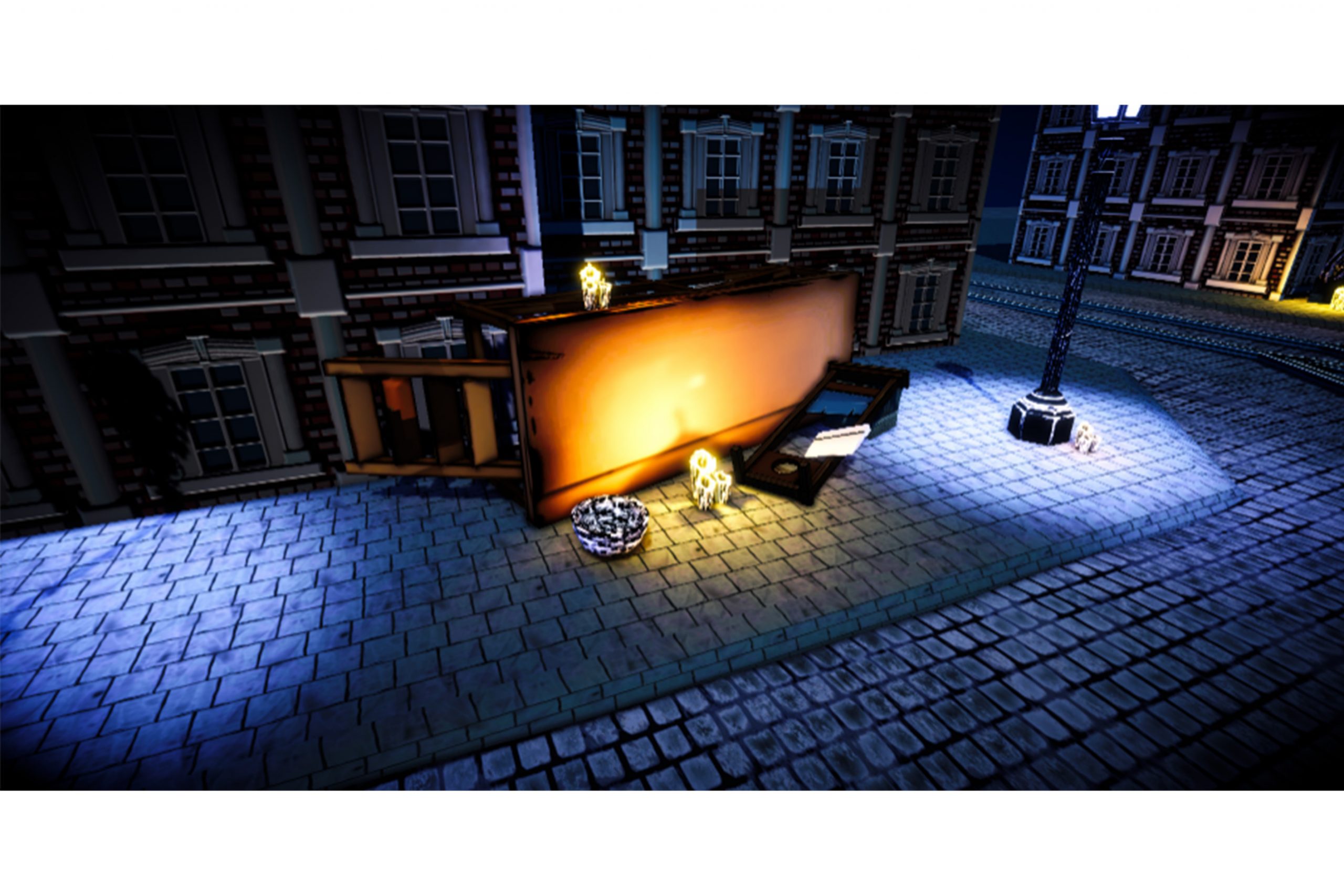 A screenshot from the game "Off With Your Head!" by Clown Town. This image showcases a dark street. Something has collapsed on the edge of the street and is lit in an orange light.