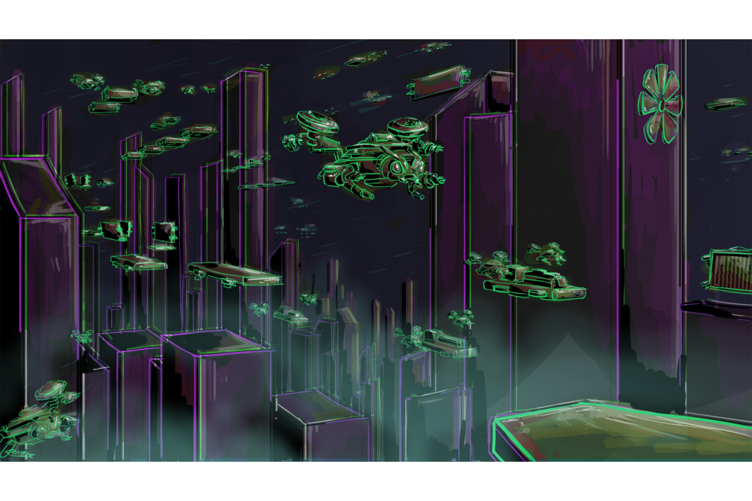 A piece of promotional art for the game "The Trial" by Liquid Cow Studios. The art shows a dark and futuristic high rise with various aspects and floating items outlined in a green colour.