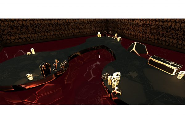 A screenshot from the game "Off With Your Head!" by Clown Town. The image is of a skull covered catacombs filled with red liquid and lit by torches and glowing blocks. A small walkway floats on top of the liquid.
