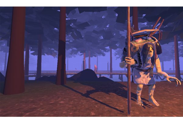 A screenshot from the game Into the Perish by Virtual Monke Studios. A lone figure is stood in the forest. Their proportions seem almost human but not quite, they hold a staff and have a backpack on.