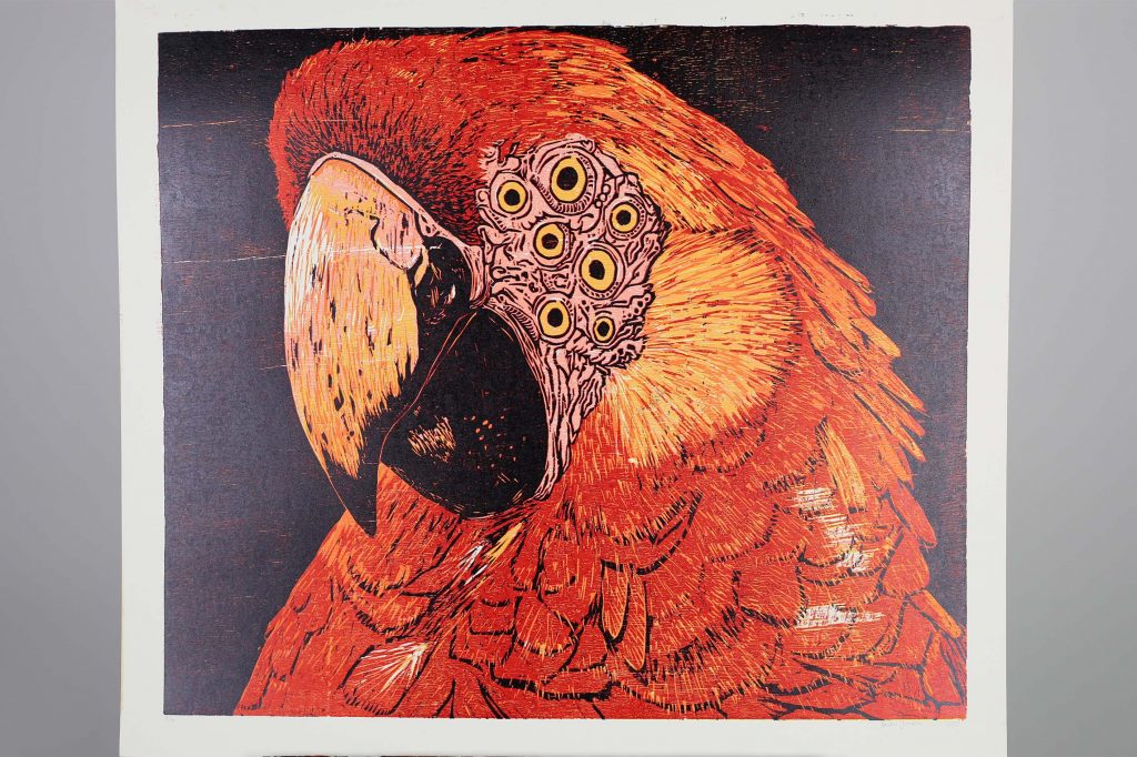 Painting of a parrot with multiple eyes