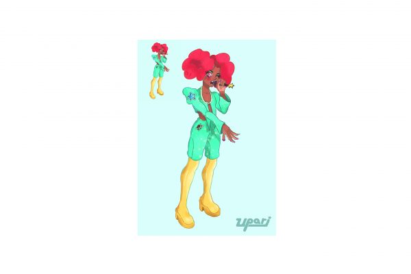 A full design for the 'Upari' character showing their full body. They are standing and holding out one hand while the other holds a microphone to their face while they glance at the camera from the side of their eyes.